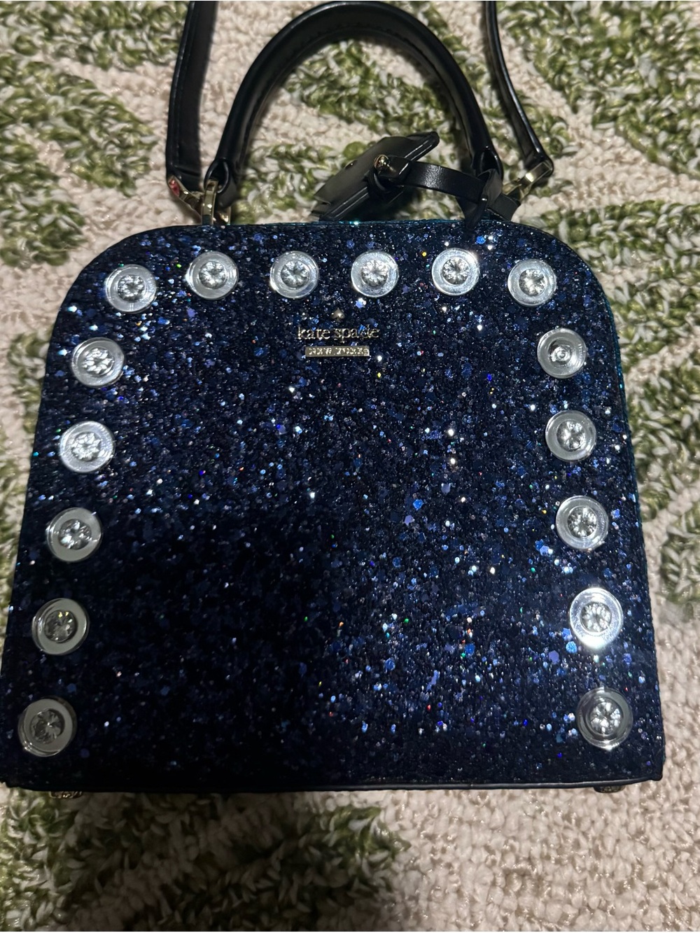 kate spade navy glitter dome mini crossbody with silver studs